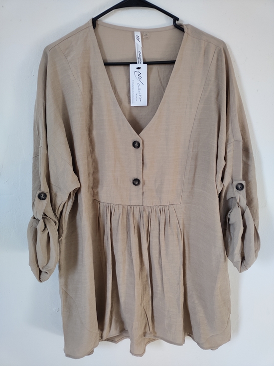 NY Collection Tops - Neutral Beige V-Neck Button Front Tunic